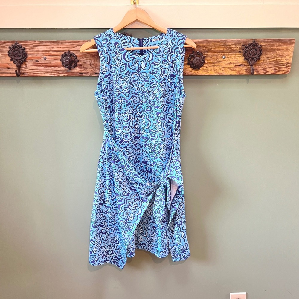 J.McLaughlin Blue Paisley Faux Wrap‎ Sleeveless Sheath Dress Size L Side Tie